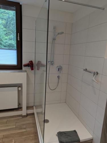 a bathroom with a shower with a glass door at Jagdhaus Rech - Ahr in Rech
