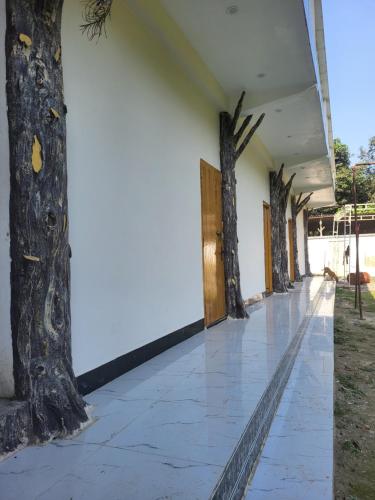 ラクナウにあるRajwada Rooms, Restaurant & Banquetの建物の側面に木が植えられた廊下