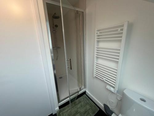 une salle de bain avec douche et toilettes dans l'établissement La Perle Cancalaise - studio au cœur du Port, à Cancale
