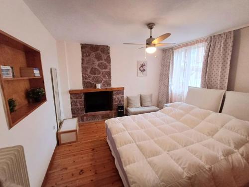 a bedroom with a large bed and a fireplace at Delphi Sunset Apartment in Delphi