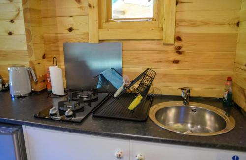 a kitchen counter top with a sink and a sink at Snowdrop Cabin Retreat dog friendly peaceful in Huttoft