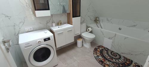 a bathroom with a washing machine and a toilet at Blue cottage near Krakow in Rudawa
