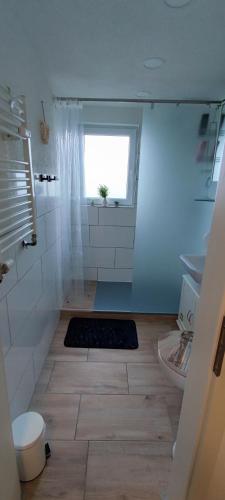 a bathroom with a shower and a toilet and a window at Ferienwohnung Milans Eck in Schwienau