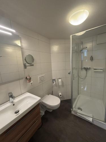 a bathroom with a toilet and a sink and a shower at Hotel Sättele - Im Hegau, nahe Singen & Radolfzell am Bodensee in Steißlingen