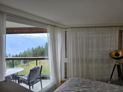 a bedroom with a bed and a window with a view at Studio Cosy à Crans-Montana in Crans-Montana