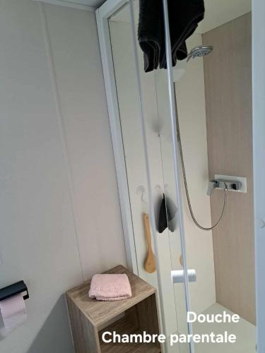 a bathroom with a shower with a wooden stool and a mirror at Mobilhome Montourey 4 étoiles 3 chambres 2 salles de bain in Fréjus