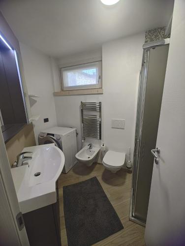 a bathroom with a sink and a toilet and a shower at Relax Mountain Apartments in Isolaccia