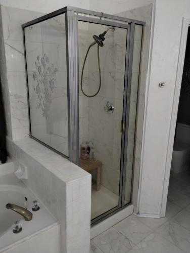 a shower with a glass door in a bathroom at Le Monye in Lewisville