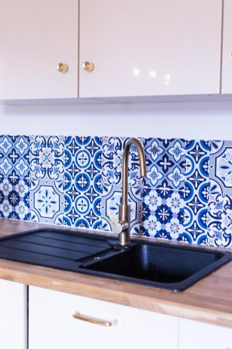 a kitchen sink with a blue and white tile back splash at Appart Le Lully in Versailles