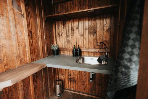a bathroom with a sink in a wooden wall at Teepee Svištící šíp 