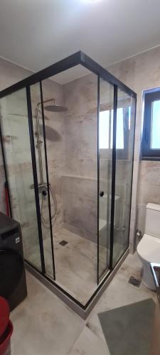 una doccia in vetro in un bagno con WC di Theros a Nikiana