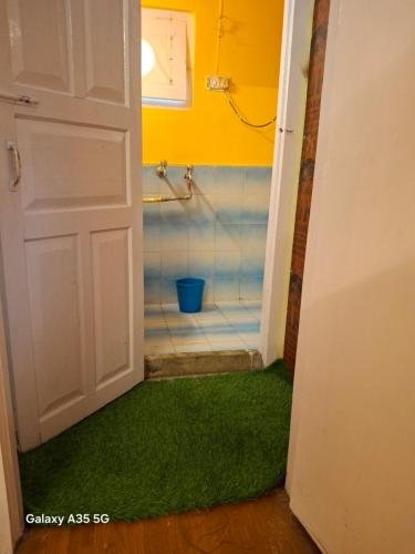 a bathroom with a green rug next to a door at Izna's stay in Nainital