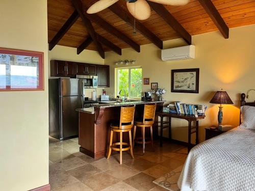 a kitchen with a sink and a refrigerator and a table at Frigates View in Christiansted