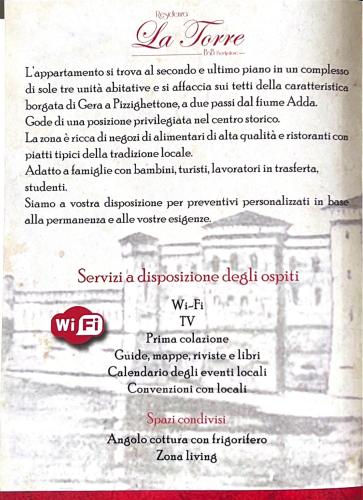 een pagina van een menu voor een restaurant bij Residenza La Torre Pizzighettone in Pizzighettone