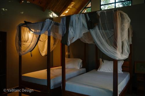 TengeruにあるNaishika Home Stayの窓のある部屋に二段ベッドが2つある