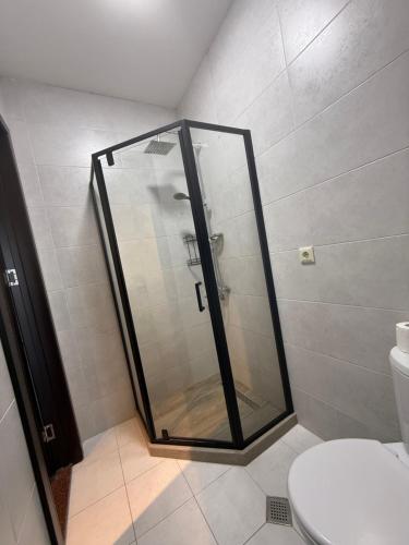 a shower stall in a bathroom with a toilet at Gumbati 173 in Batumi