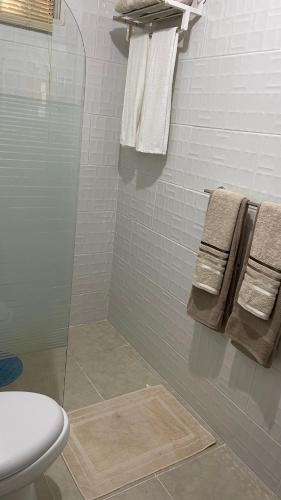 a bathroom with a shower with a toilet and towels at Apartamento cerca de todo en SDE in Santo Domingo