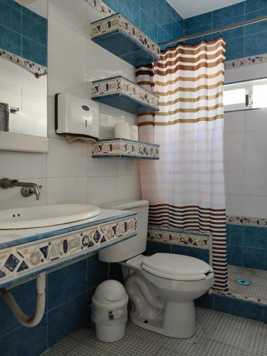 a bathroom with a toilet and a sink and a shower at Casa el Refugio de las Flores in Oaxtepec