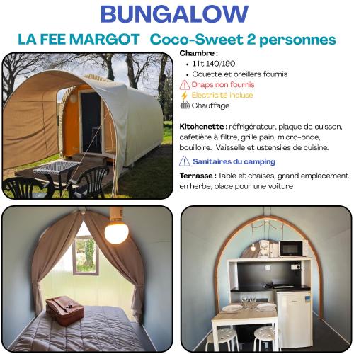 a collage of four pictures of a timber frame tent at Camping Le Val Aux Fées - Brocéliande in Concoret