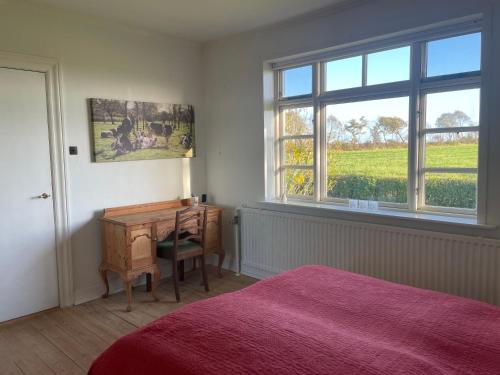 a bedroom with a bed and a desk and a window at Vestergård B&B in Varde