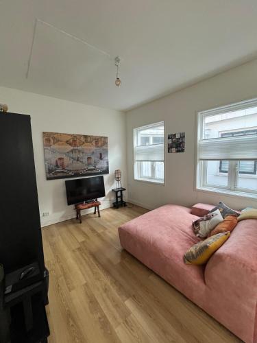 a bedroom with a pink bed and a flat screen tv at Cute cottage house in the city centre with terrace in The Hague