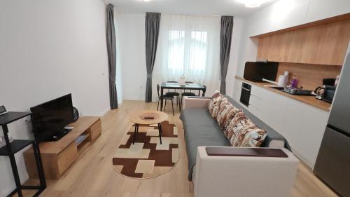 ein Wohnzimmer mit Sofa und Tisch in der Unterkunft Arini Urban Residence in Şelimbăr