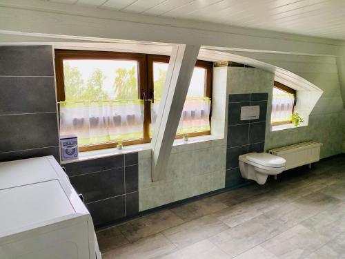 a bathroom with a toilet and two windows at Moderne Monteur- und Ferienwohnung am Plettenberg in Dotternhausen