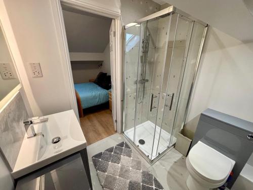 a bathroom with a shower and a toilet and a sink at Bedford Guesthouse in Liverpool