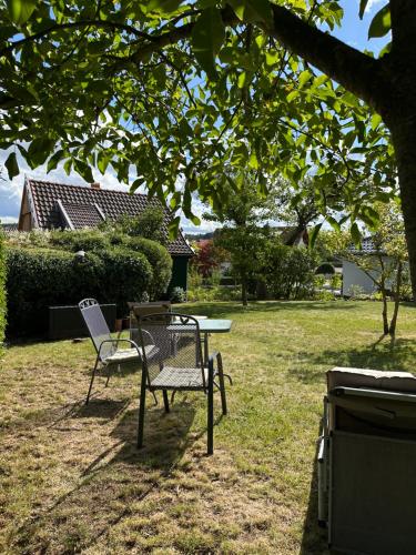 a table and two chairs sitting under a tree at Ferienhaus KellerwaldChalet in Jesberg mit großem Garten zur Alleinnutzung in Jesberg