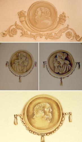 three pictures of a gold sink with a man and woman at Hotel Portici in Vicoforte