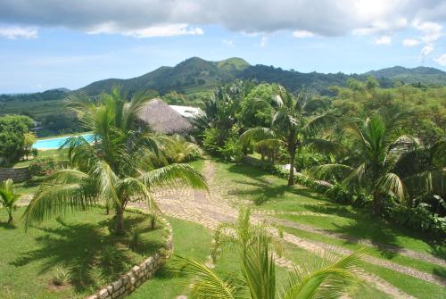 an aerial view of a resort with palm trees and a pool at Villa Palissandre in Nosy Be