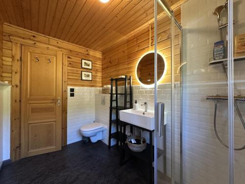 a bathroom with a sink and a toilet and a shower at Chalet du Grand Arbre in Le Ménil