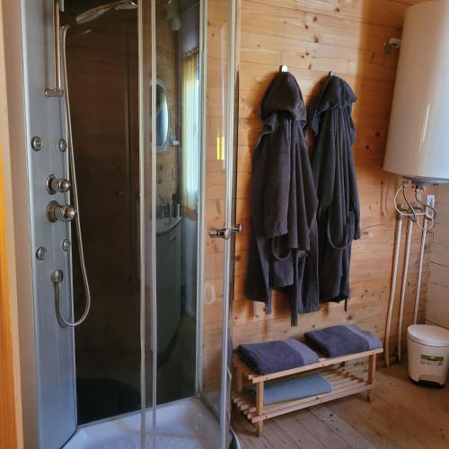 a shower in a bathroom with a glass shower stall at Las Casas de Durón in Durón