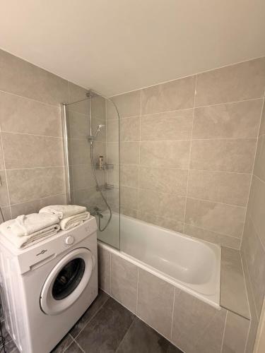 ein Badezimmer mit einer Waschmaschine und einer Badewanne in der Unterkunft Studio dans le cœur de Mulhouse in Mulhouse