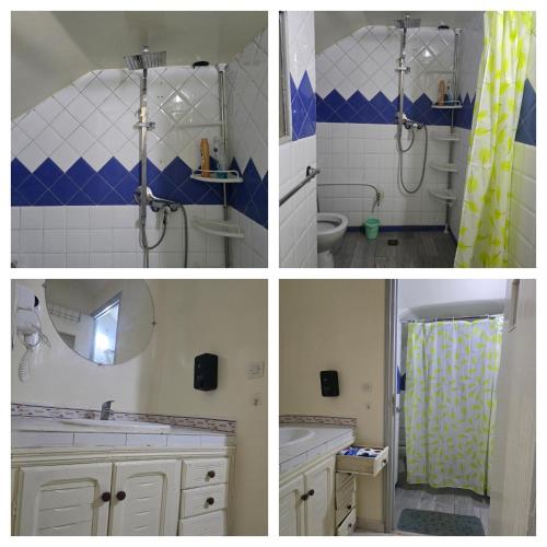 four pictures of a bathroom with a shower and a sink at Appartement familial شقة للعائلة in Meknès