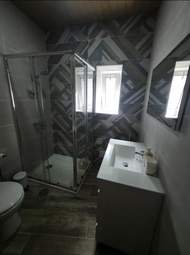 a bathroom with a shower and a sink and a toilet at A Casa da Aldeia 1 Belmonte in Gaia