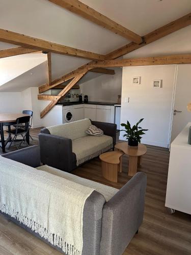a living room with a couch and a table at Les Voutes de Villebourbon in Montauban
