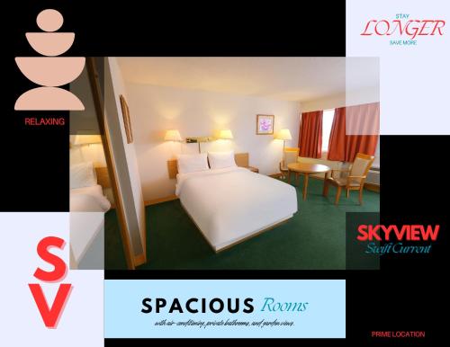 a hotel room with a bed and a table at SkyView Swift Current in Swift Current