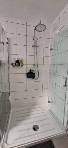 a bathroom with a shower and a tub with a drain at Ferienhaus an der Ölmühle in Heusweiler