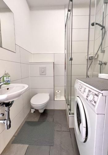 a bathroom with a washing machine and a sink at Wohnung am Rosengarten in Kehl am Rhein