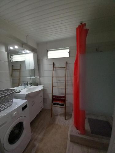 a bathroom with a washing machine and a sink at Maison individuelle de plain-pied in Schœlcher