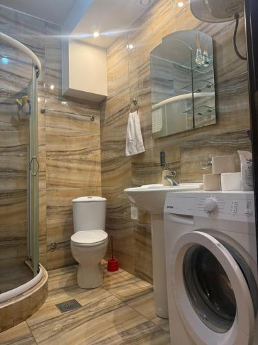 a bathroom with a washing machine and a sink at Apartman Martina 3 in Rafailovici