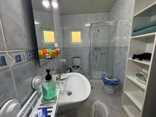un bagno con lavandino e doccia di Casa independente, confortável e muito agradável a Pardilhó