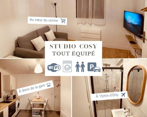 a collage of photos of a living room and a studio costs room evolve at Studio cosy tout équipé, idéal in Chilly-Mazarin