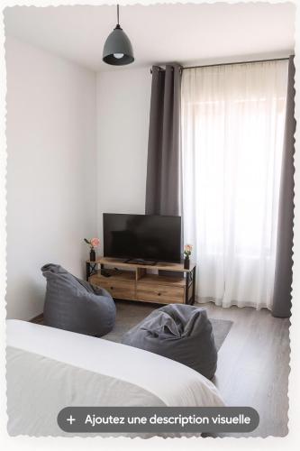 a bedroom with a bed and a television on a table at Cocon Naturel en Sologne! in Romorantin