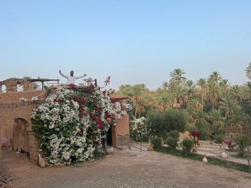 a garden with a statue on top of a building with flowers at kasbah panorama chez Alilouch in Nkob