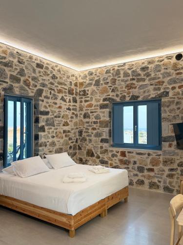 a bedroom with a bed and two windows at Filotimia in Schinoussa