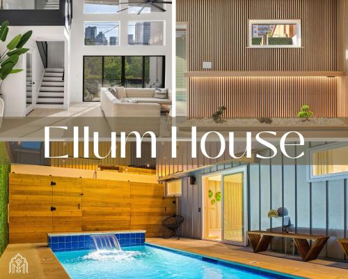 a collage of photos of a house with a swimming pool at Ellum House in Dallas