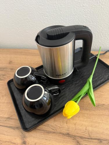 a coffee maker on a black tray with a flower at Alay-Art Hotel in Osh