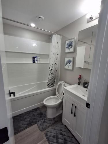a bathroom with a toilet and a tub and a sink at Oxnard Villa in Winnipeg